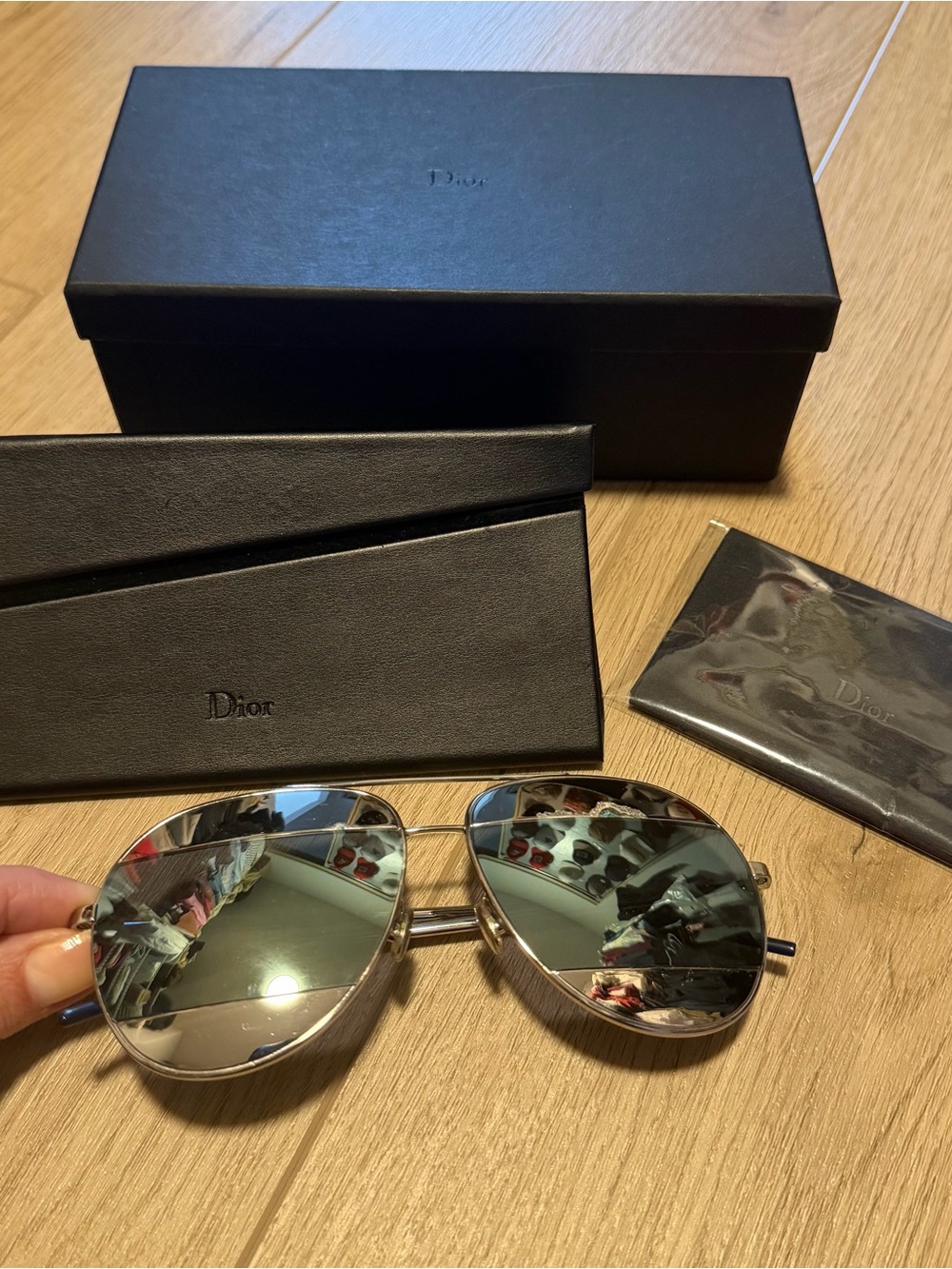 Dior Women’s Silver and Teal Blue Aviator Sunglasses with Mirrored Lenses